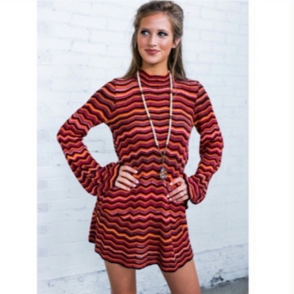 Free People knit red orange zig zag boho dress M - Picture 7 of 7